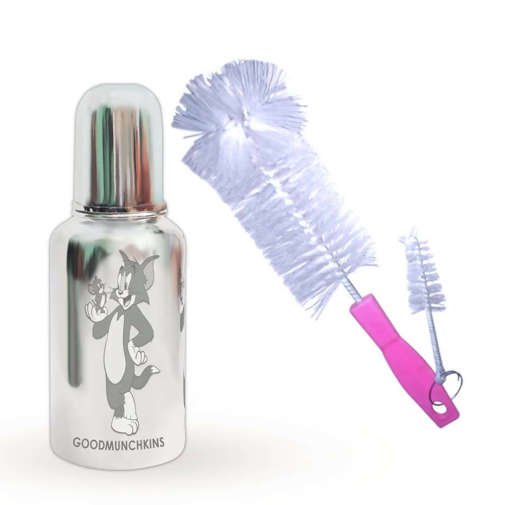Goodmunchkins Stainless Steel Baby Feeding Bottle 304 Grade for Infants/Toddlers with Bottle Cleaning Pink Brush-220ml - Distacart