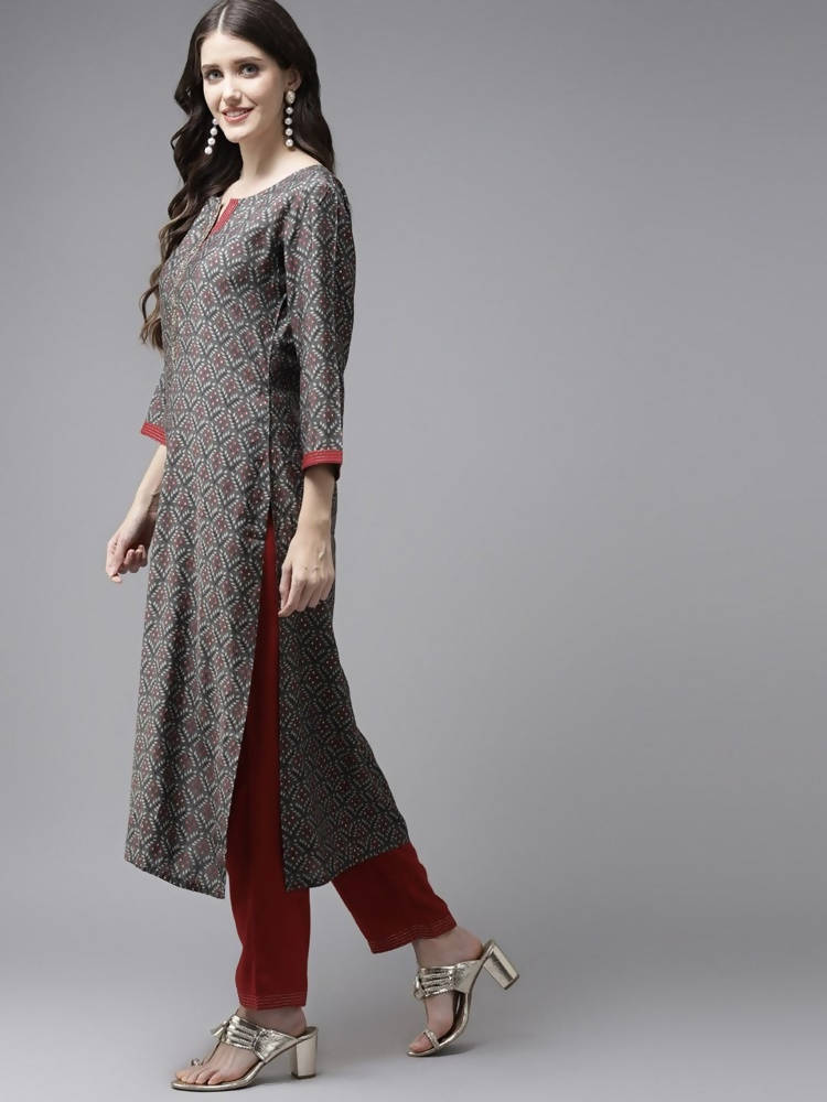 Yufta Women Grey Ethnic Motifs Printed Regular Sequinned Pure Cotton Kurta with Palazzo & With Dupatta