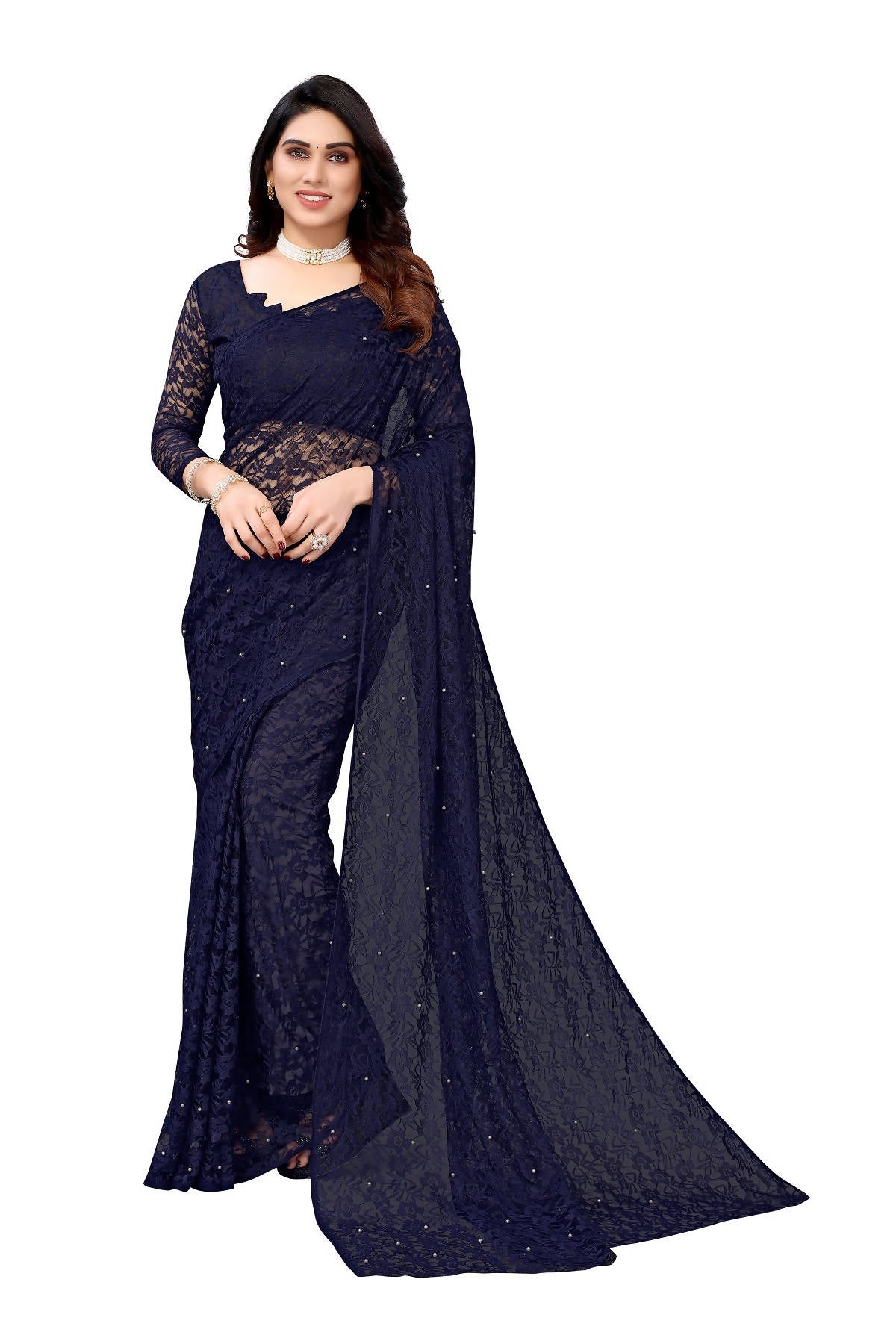 Vamika Ethnic Fire Navy Pearls Net Saree - Distacart