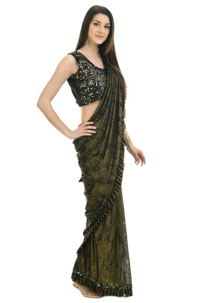 Mominos Fashion All Season Wear Olive Green And Black Ruffled Ready To Wear Saree - Distacart