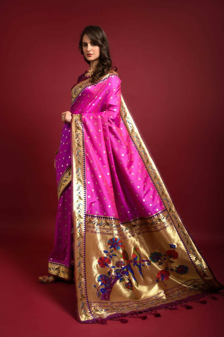 Vishnu Weaves Women's Rani Pink Paithani Silk Zari Woven Saree with Unstitched Blouse - Distacart
