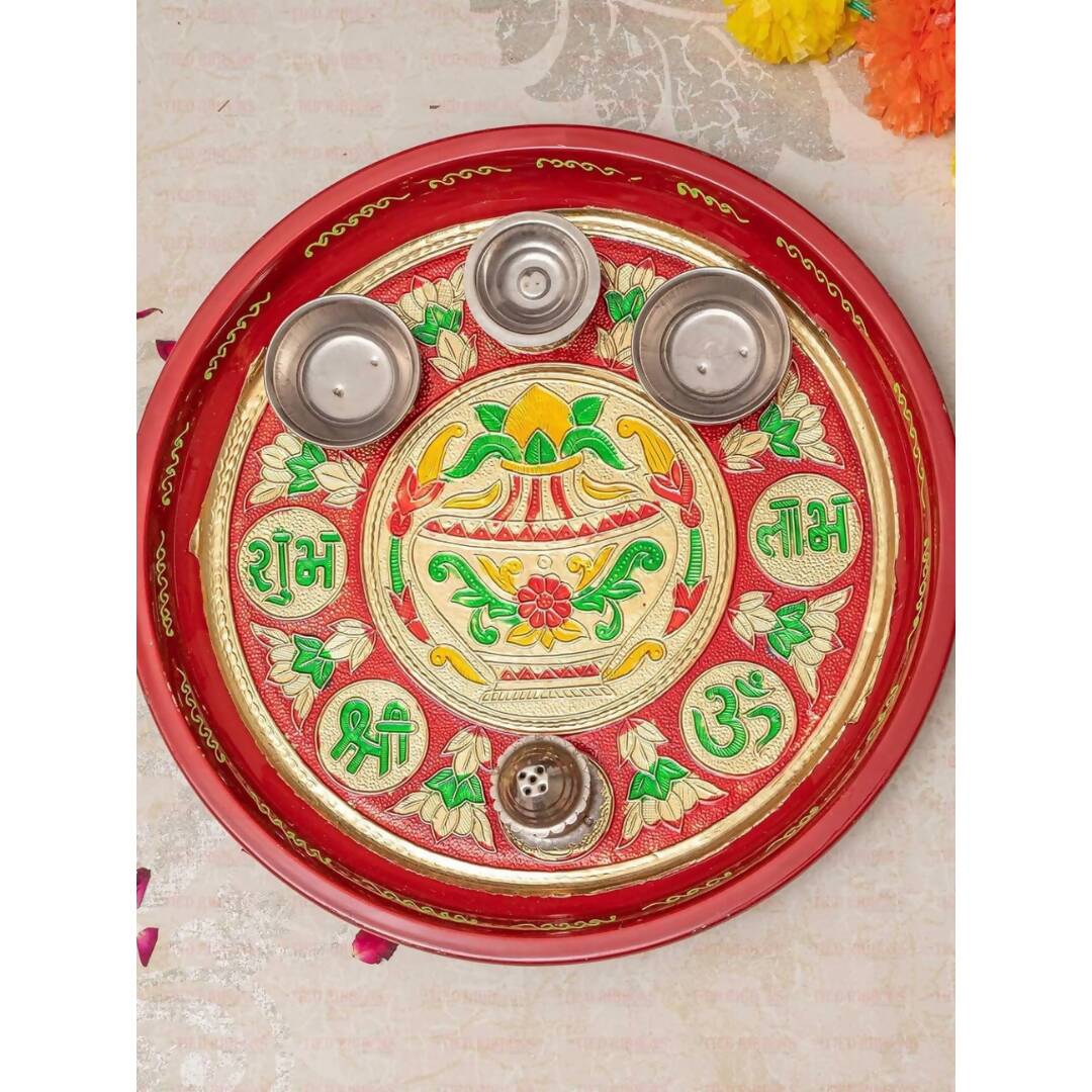 Tied Ribbons Red Printed Pooja Thali With Attached Incense Diya Tilak Holder - Distacart