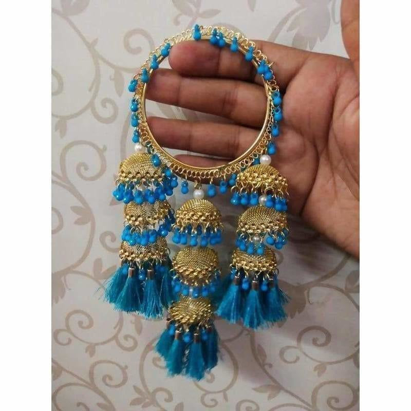Blue Color Threads And Pearls With Hanging Jhumkas Bangles