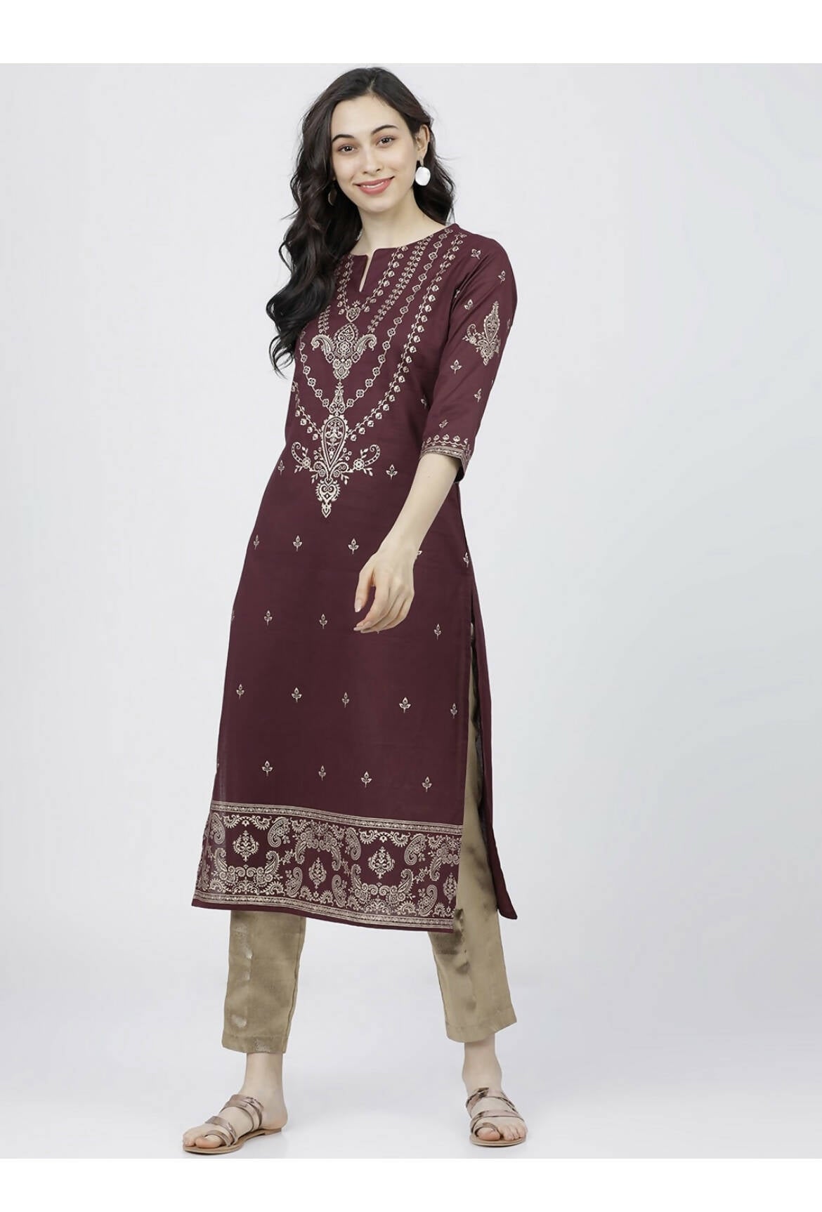 Cheera Embellished Daily Wear Cotton Blend Kurta - Dark Brown - Distacart