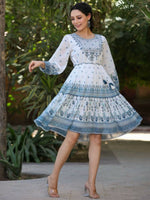 Thumbnail for Juniper Women Off-White Georgette Printed Short Tiered Dress with Embroidered Yoke - Distacart