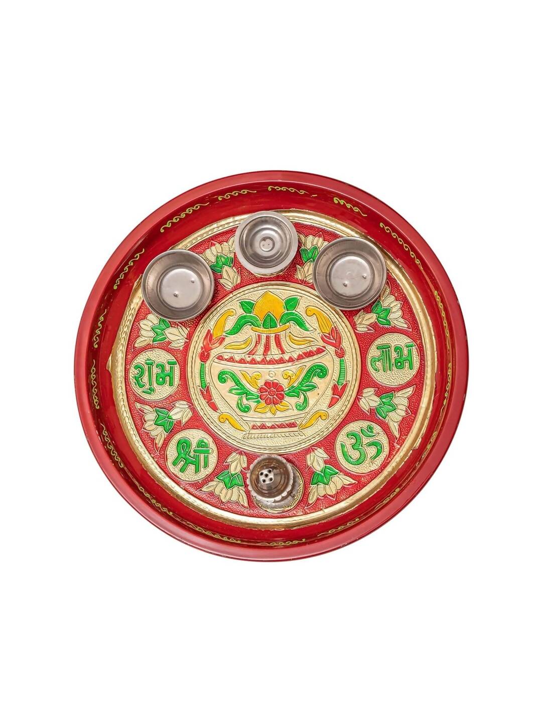 Tied Ribbons Red Printed Pooja Thali With Attached Incense Diya Tilak Holder - Distacart