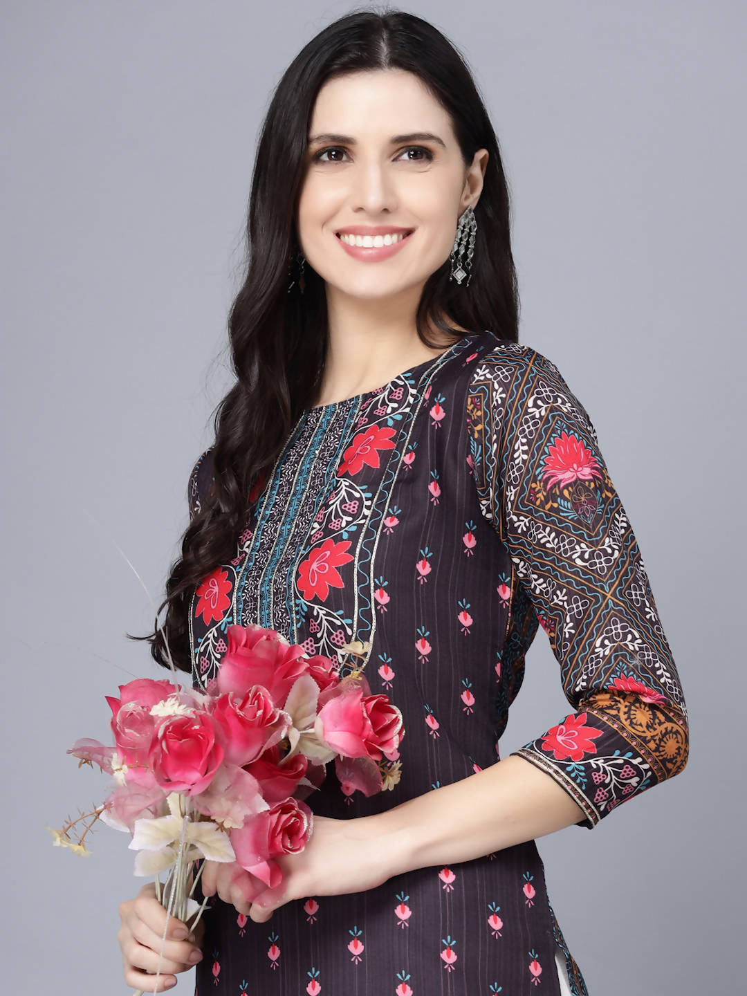 Myshka Women Multicoloured Ethnic Motifs Printed Mirror Work Kurta - Distacart