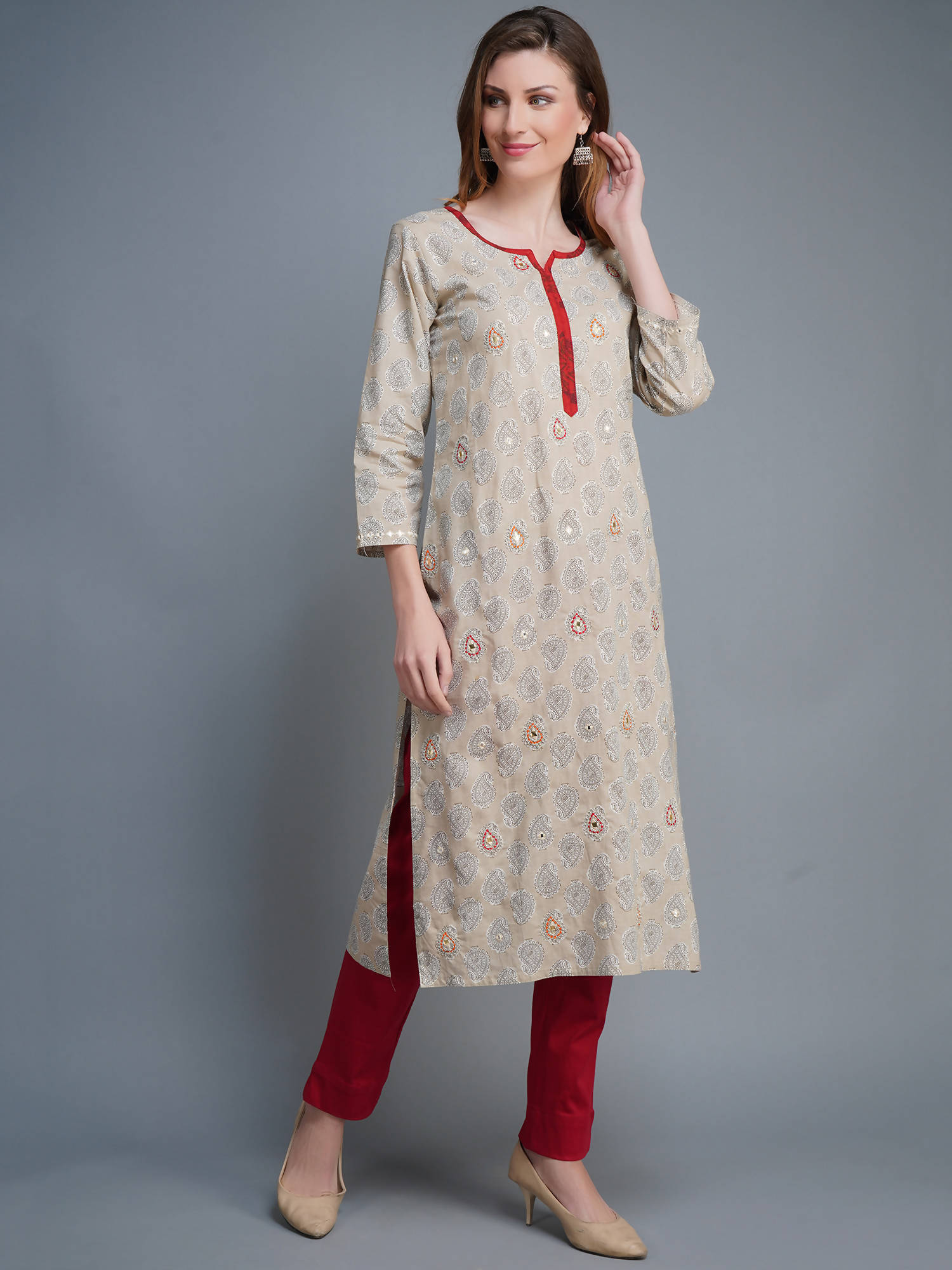 Shehnaai Dark Beige Kurta With Mirror Work And Rust Colour Thread Embroidery