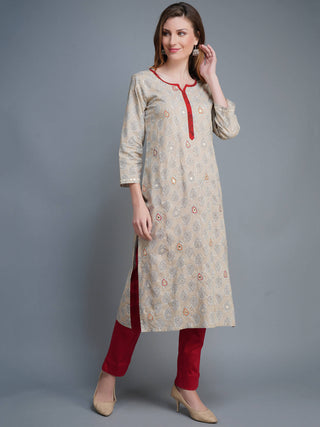 Shehnaai Dark Beige Kurta With Mirror Work And Rust Colour Thread Embroidery
