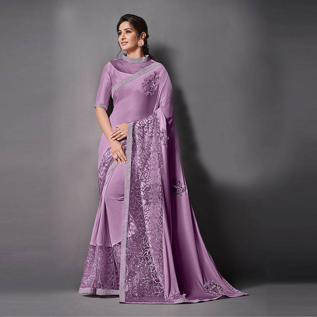 Purple Lycra Raw Silk Sequins Embroidery, Applique Work Saree - Norita Eileen - Distacart