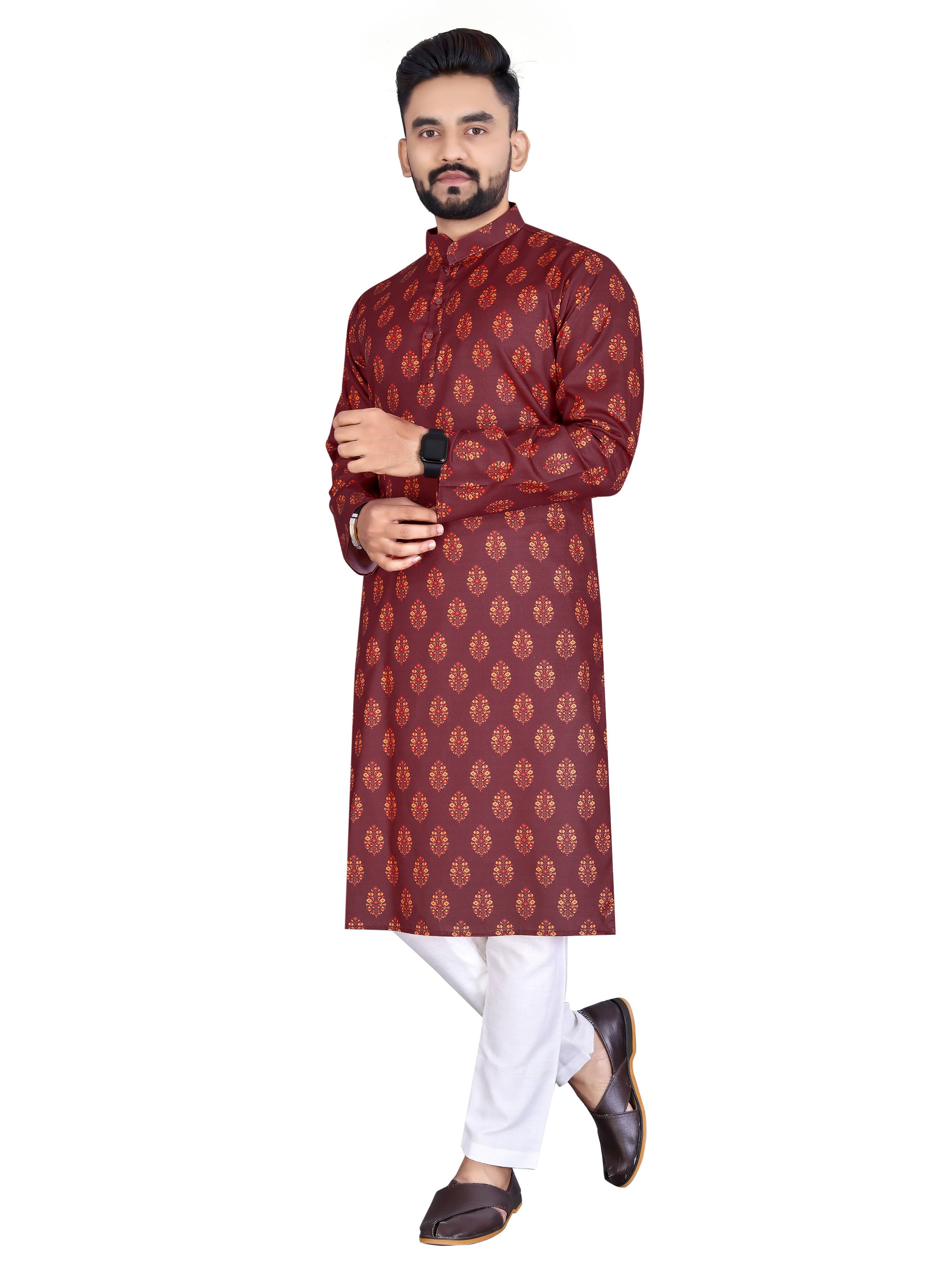 Mens Red Cotton Printed Kurta - Mahotsav - Distacart