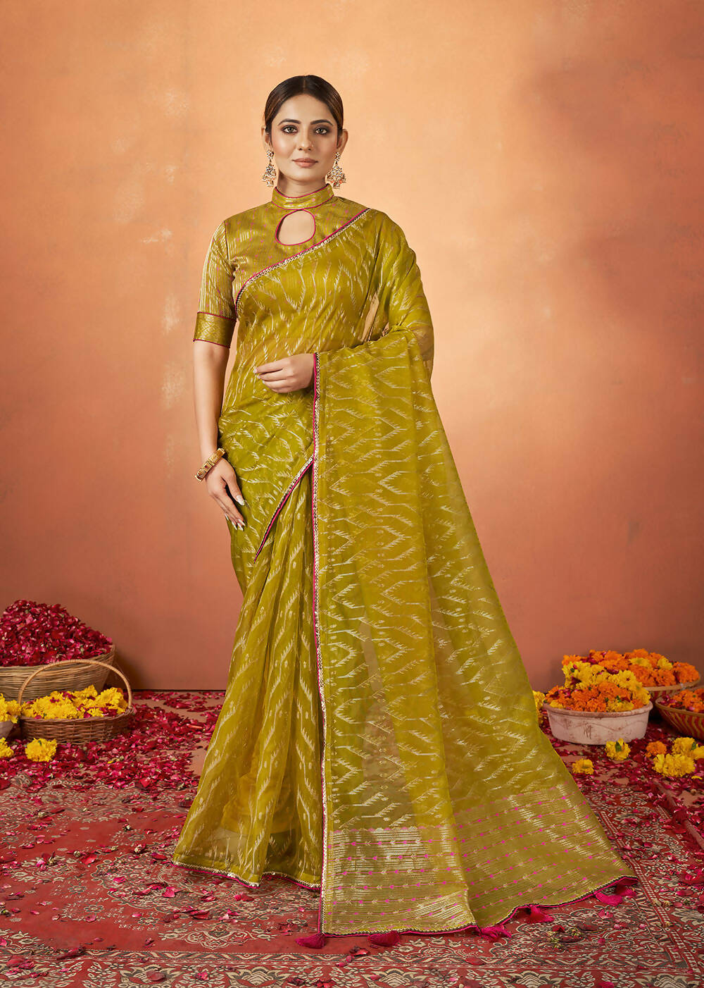 Green Organza Silk Woven Design Saree With Unstitched Blouse Piece - Norita Royal Pradha - Distacart