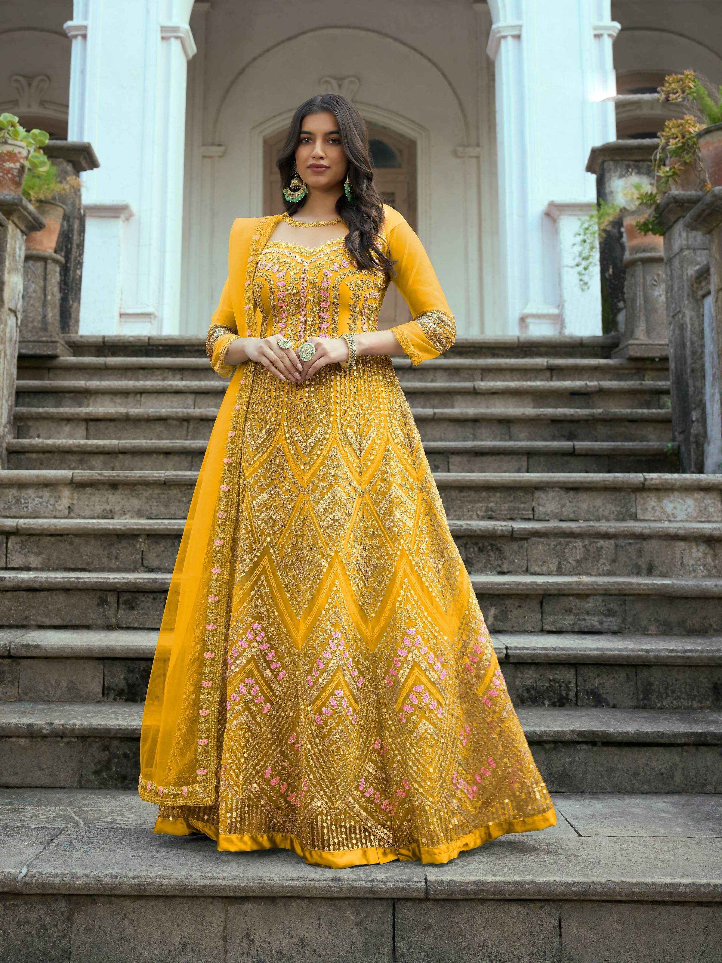 Yellow Butterfly Net Anarkali Embroidered Kurta Set - Aadishri - Distacart