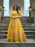 Thumbnail for Yellow Butterfly Net Anarkali Embroidered Kurta Set - Aadishri - Distacart