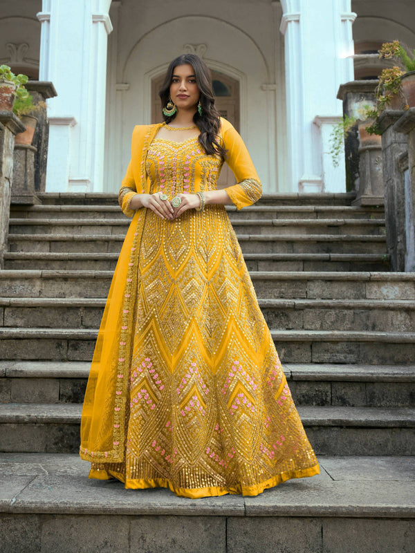 Yellow Butterfly Net Anarkali Embroidered Kurta Set - Aadishri - Distacart