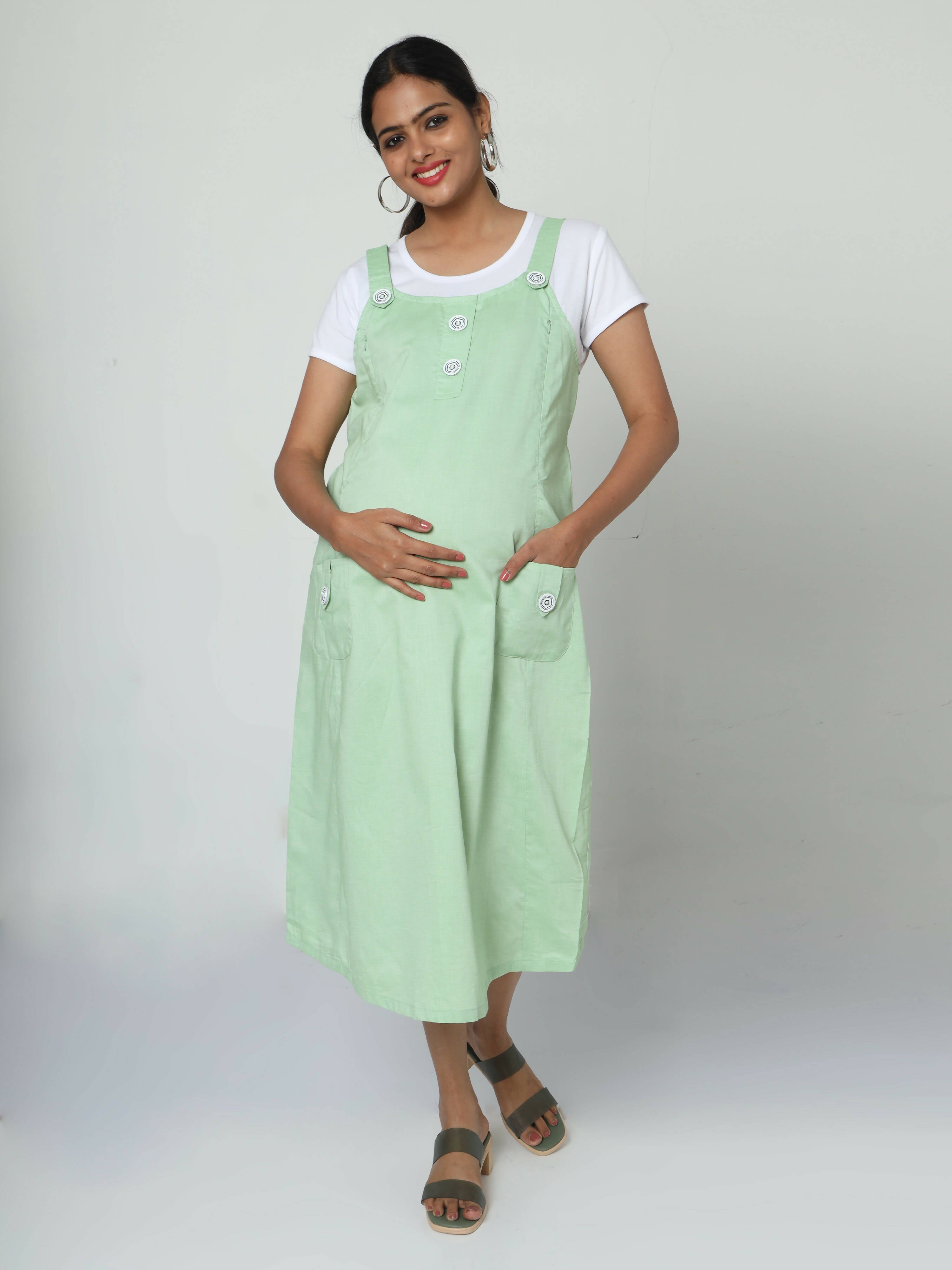 Manet Half Sleeves Solid Maternity Dress With Concealed Zipper Nursing Access - Green - Distacart