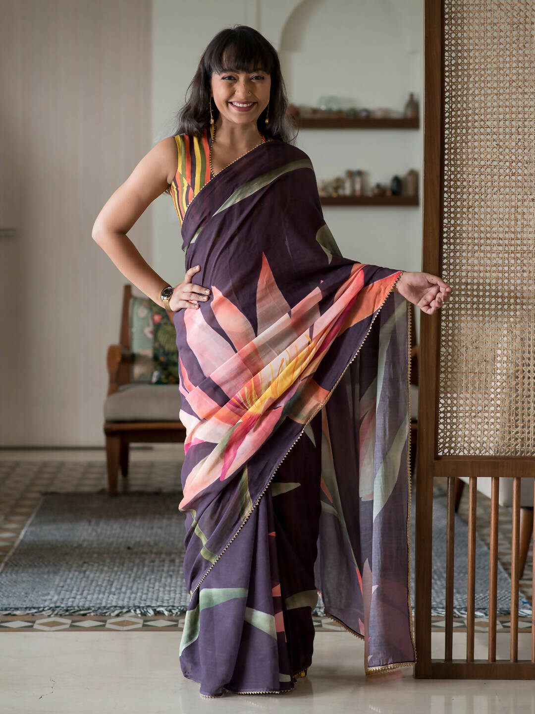 Suta Purple Floral Pure Cotton Saree - Distacart