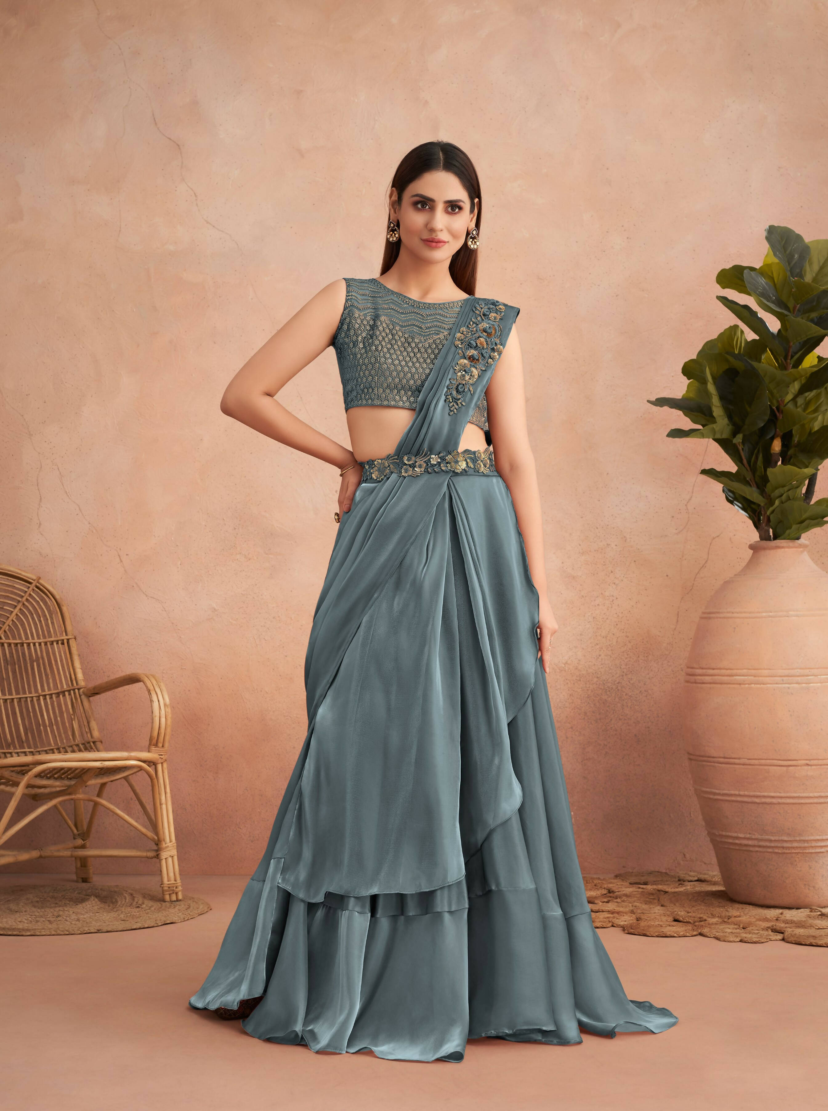 Blue Satin Embroidered Ready To Wear Saree With Unstitched Blouse Piece - Nandika - Distacart