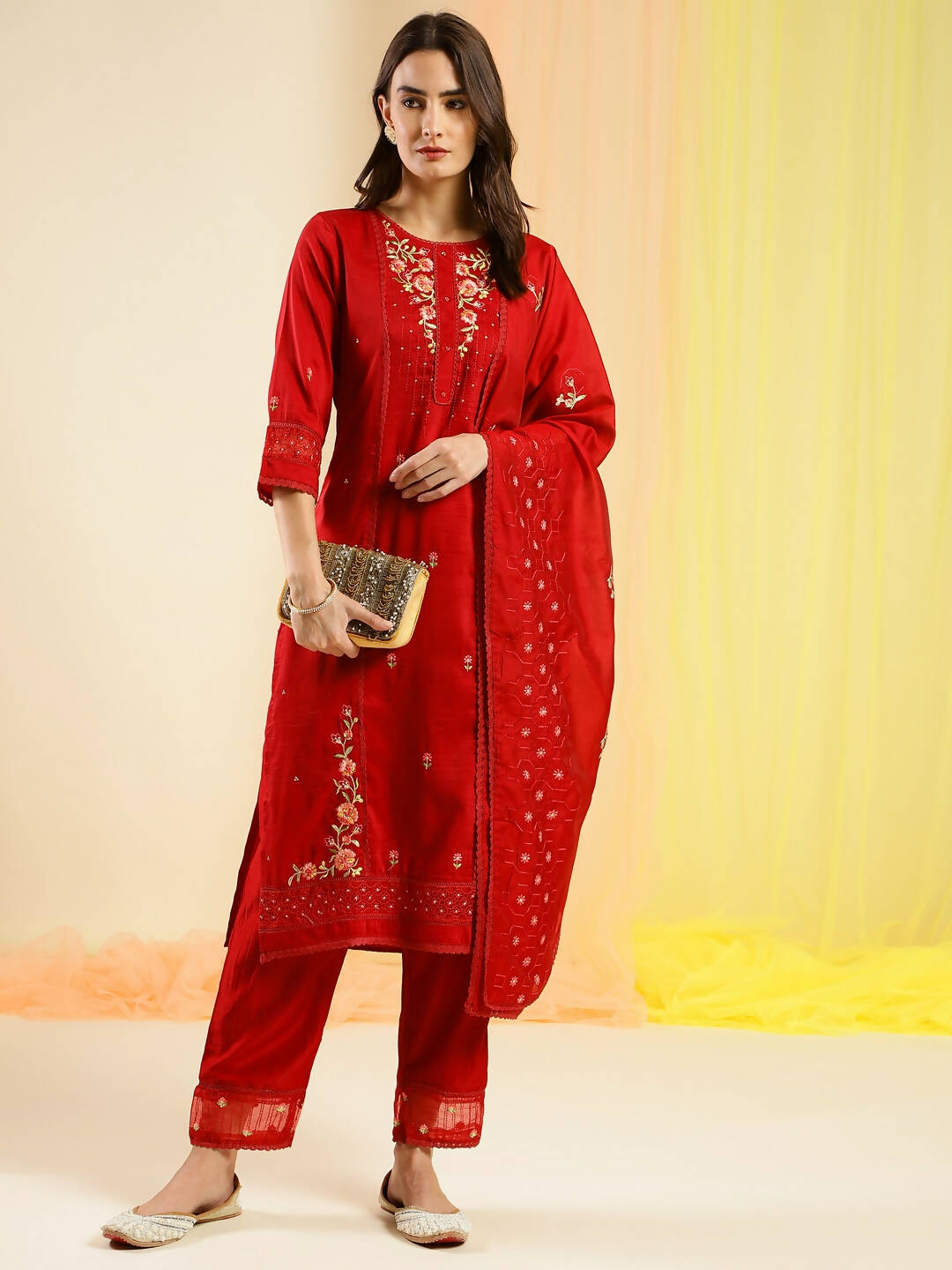 Red Chinon Embroidered Straight Kurta with Trouser & Dupatta - Salimar - Distacart