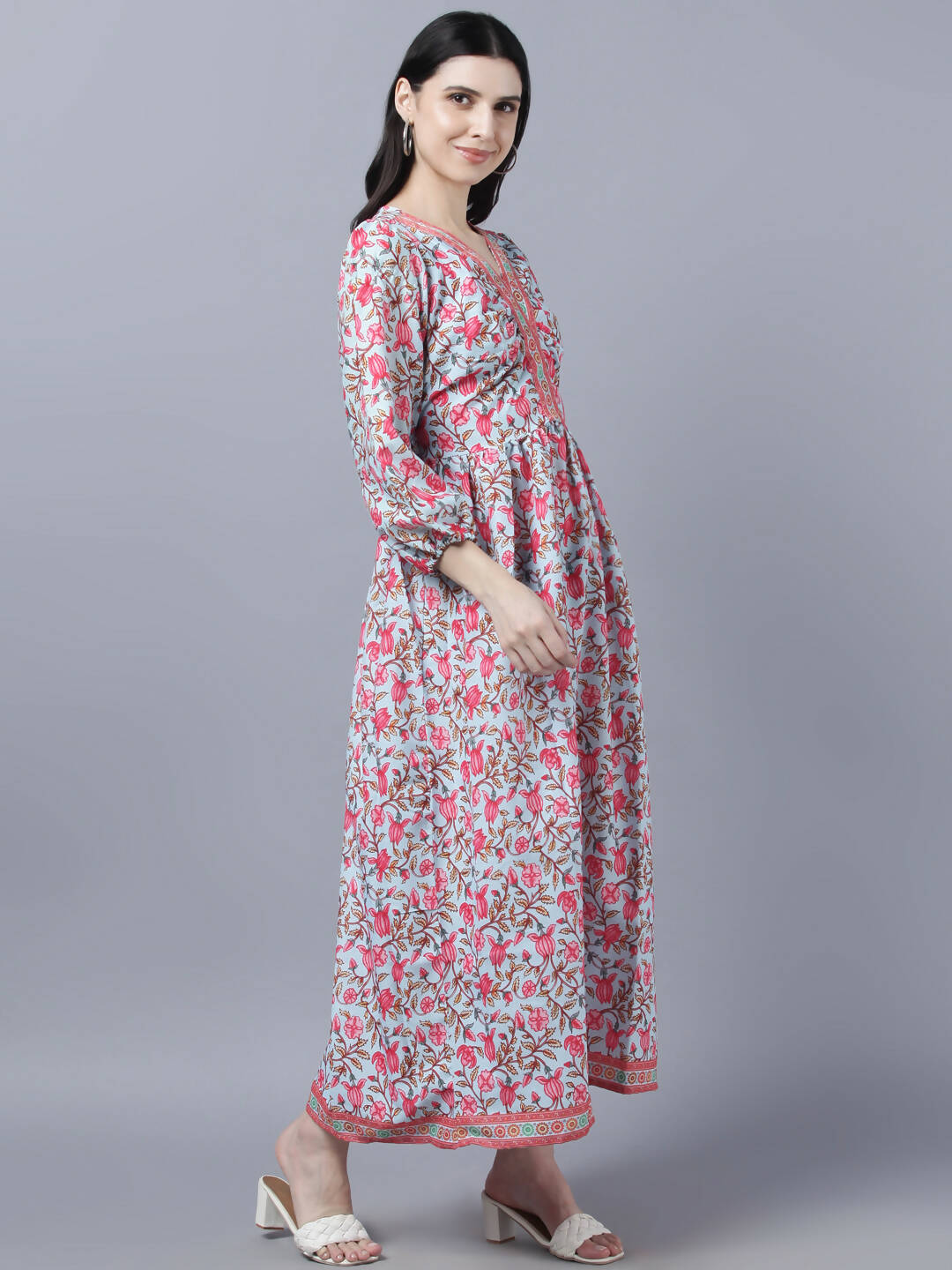 Myshka Women Red Printed Pure Cotton Maxi Dress - Distacart