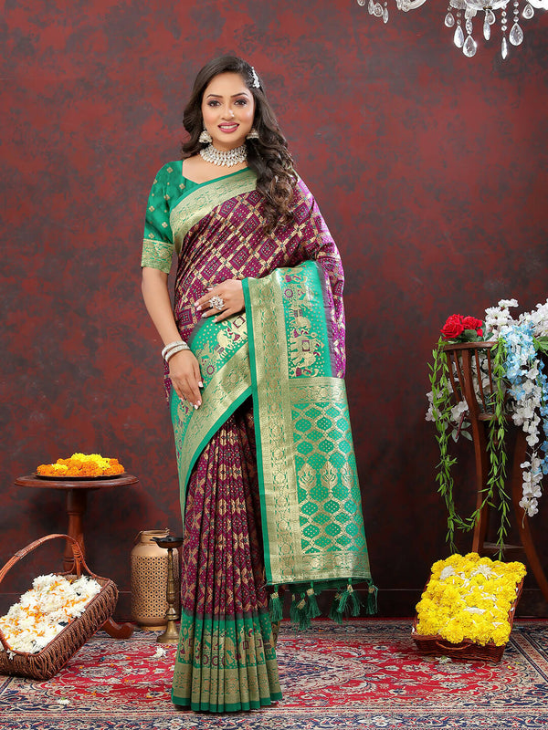 Lorenvalley Fashion Wine & Green Patola Silk Woven Design Meenakari Weaving Saree - Distacart