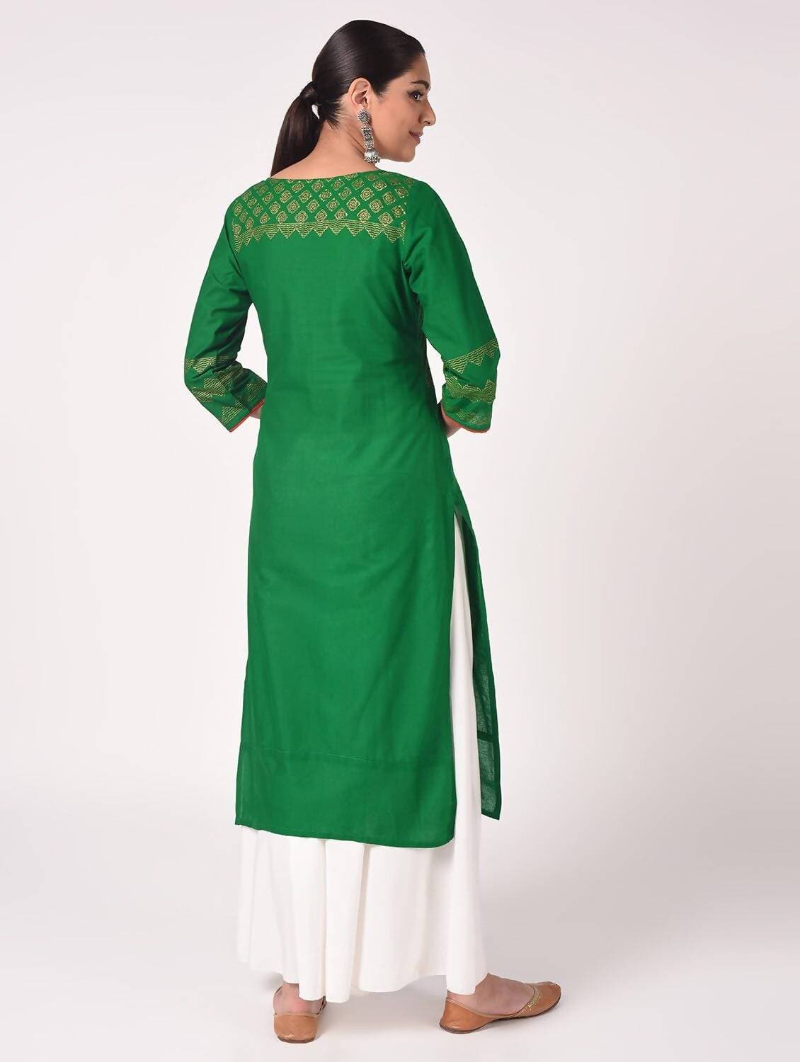 Cheera Hand Block Print Bottle Green & White Straight Kurta With Palazzo (MAAI-093K)