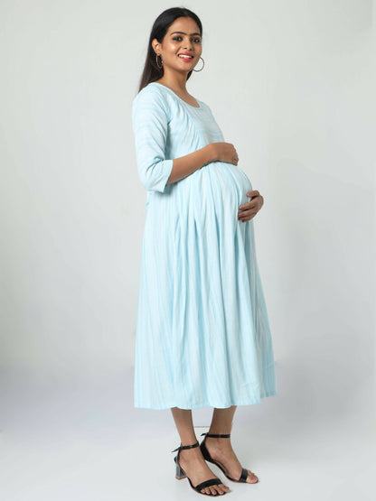 Manet Three Fourth Maternity Dress Striped With Concealed Zipper Nursing Access - Light Blue - Distacart