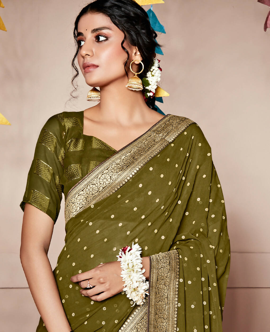 Green Georgette Foil Printed Saree With Unstitched Blouse Piece - Nitya - Distacart