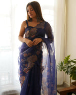 Thumbnail for Vamsee Navy Blue Organza Saree - Distacart