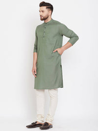 Thumbnail for Even Apparels Green Color Linen Linen Men's Kurta With Band Collar - Distacart