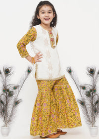 Thumbnail for Little Bansi Cotton Embroidery Kurta with floral sharara with Dupatta - White & Yellow - Distacart