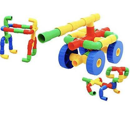Kipa 150 Pieces Pipe Puzzle with Storage Container, Educational & Intellectual Playing Model Construction Blocks with Rolling Wheelbase - Distacart
