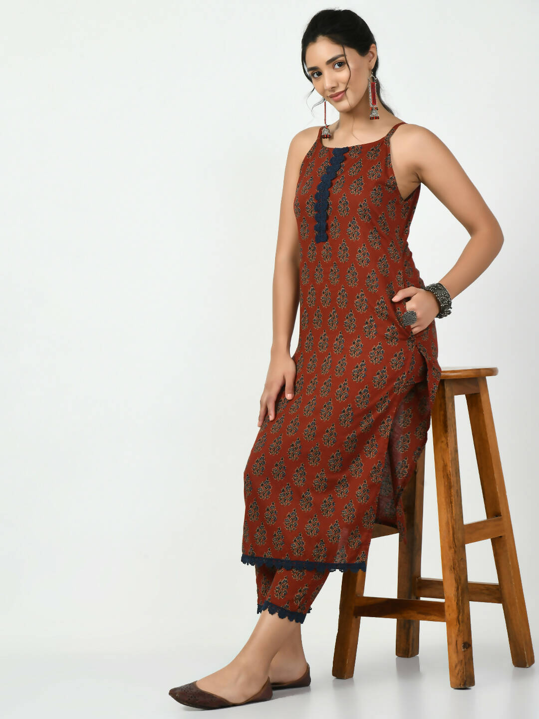 Myshka Women's Rust Printed Kurta With Trouser - Distacart