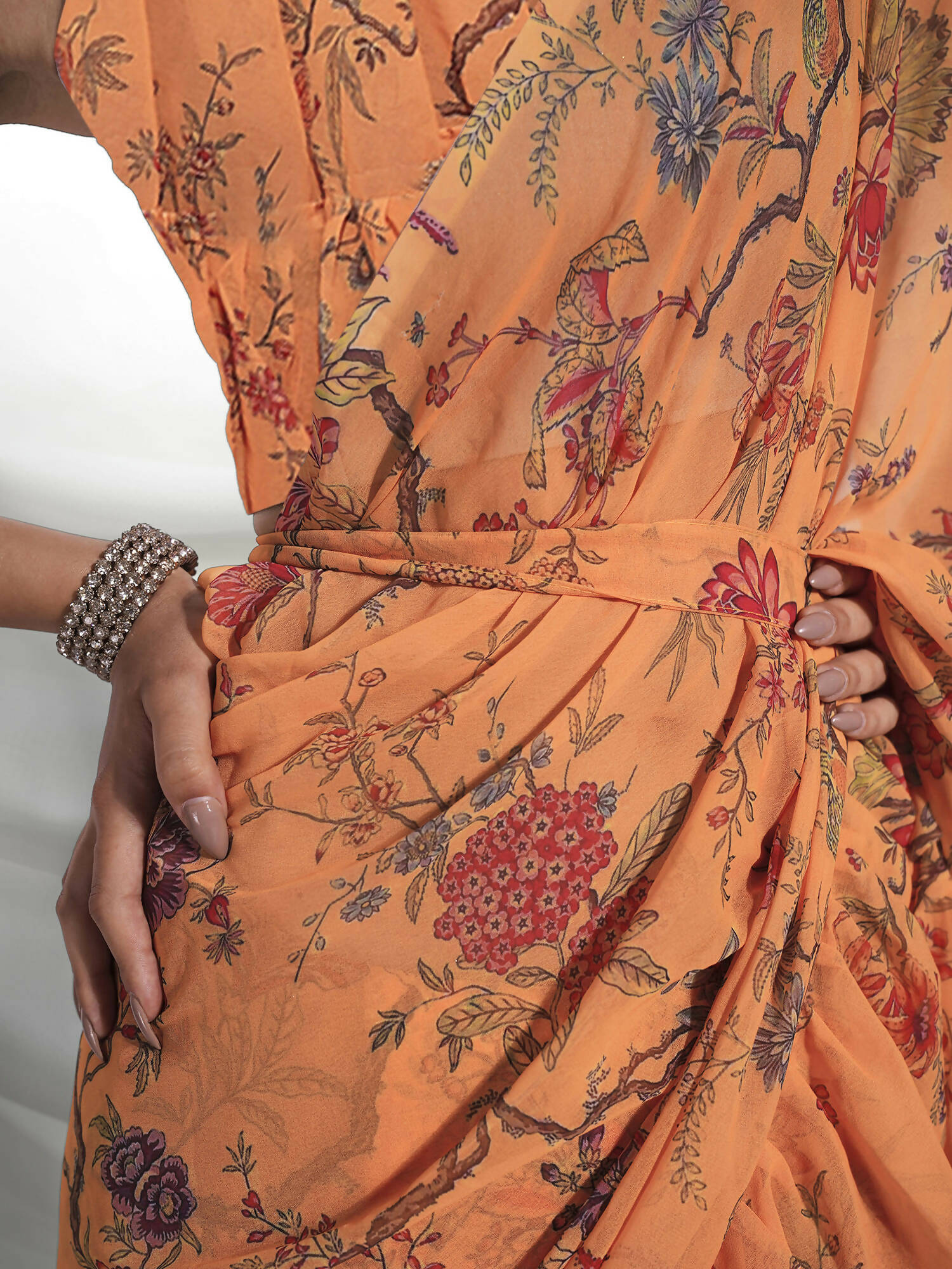 Orange Georgette Floral Printed Saree With Unstitched Blouse Piece - Rajal - Distacart