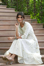 Thumbnail for Juniper Off-White Rayon Festive Wear Embroidered A-Line Long Dress - Distacart