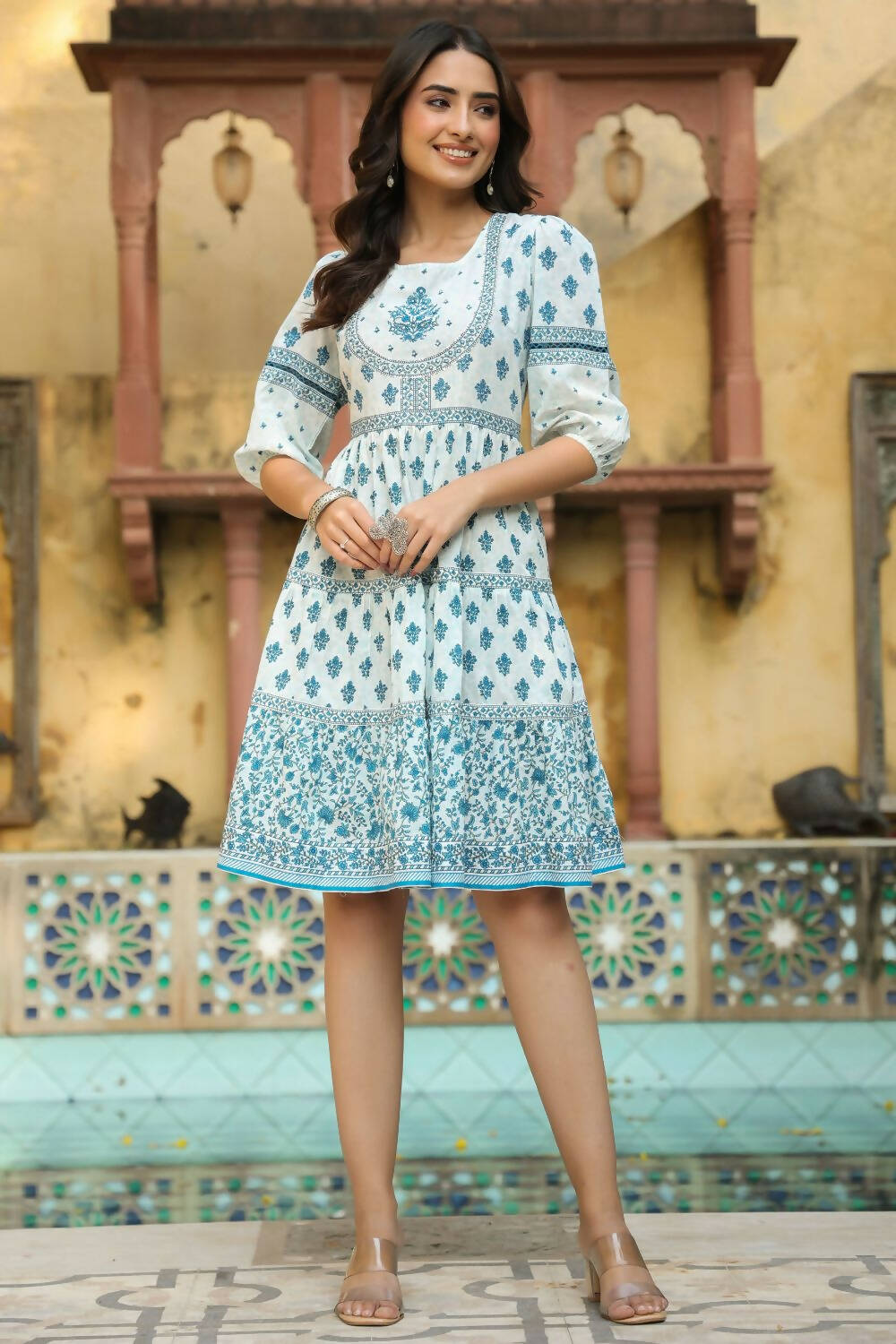 Juniper Women's Blue Cambric Printed Tiered Dress - Distacart