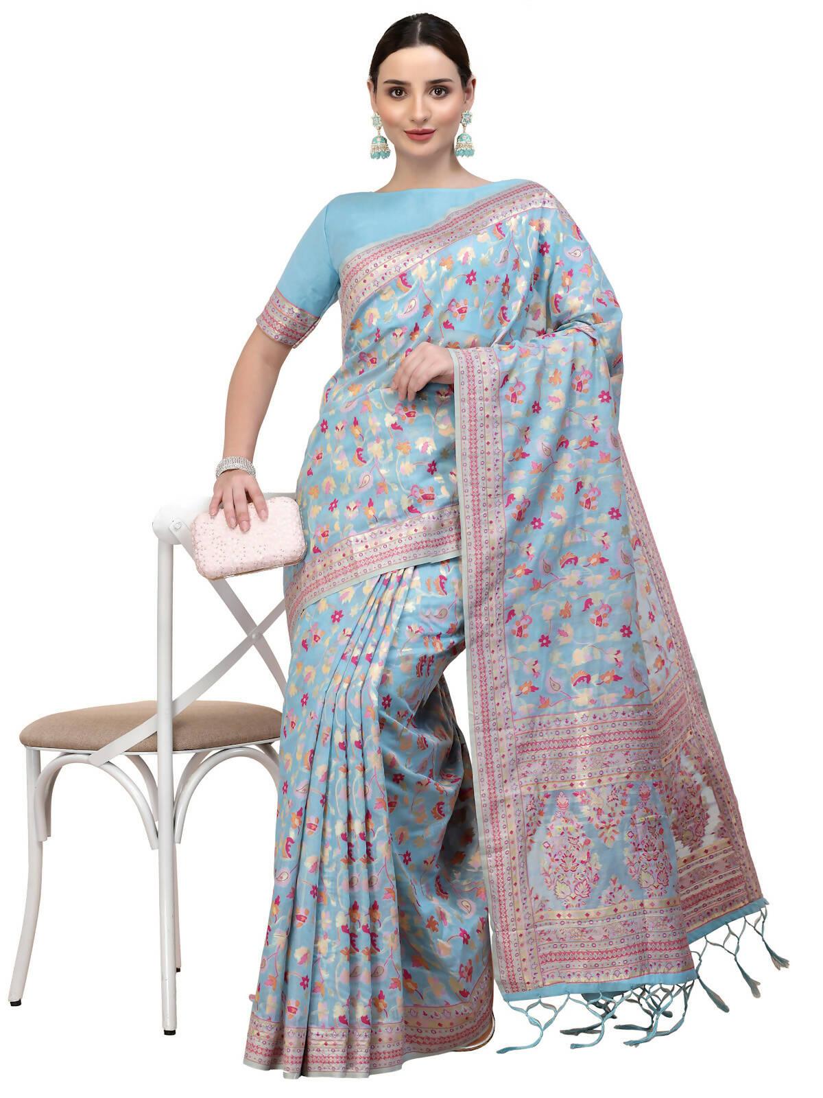 Blue Silk Blend Woven Design Saree With Unstitched Blouse Piece - Aloki - Distacart