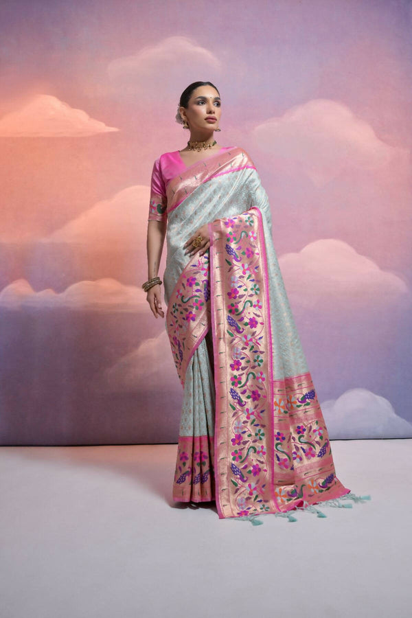 Vishnu Weaves Women's Sea-Green Paithani Silk Zari Woven Saree with Blouse - Distacart