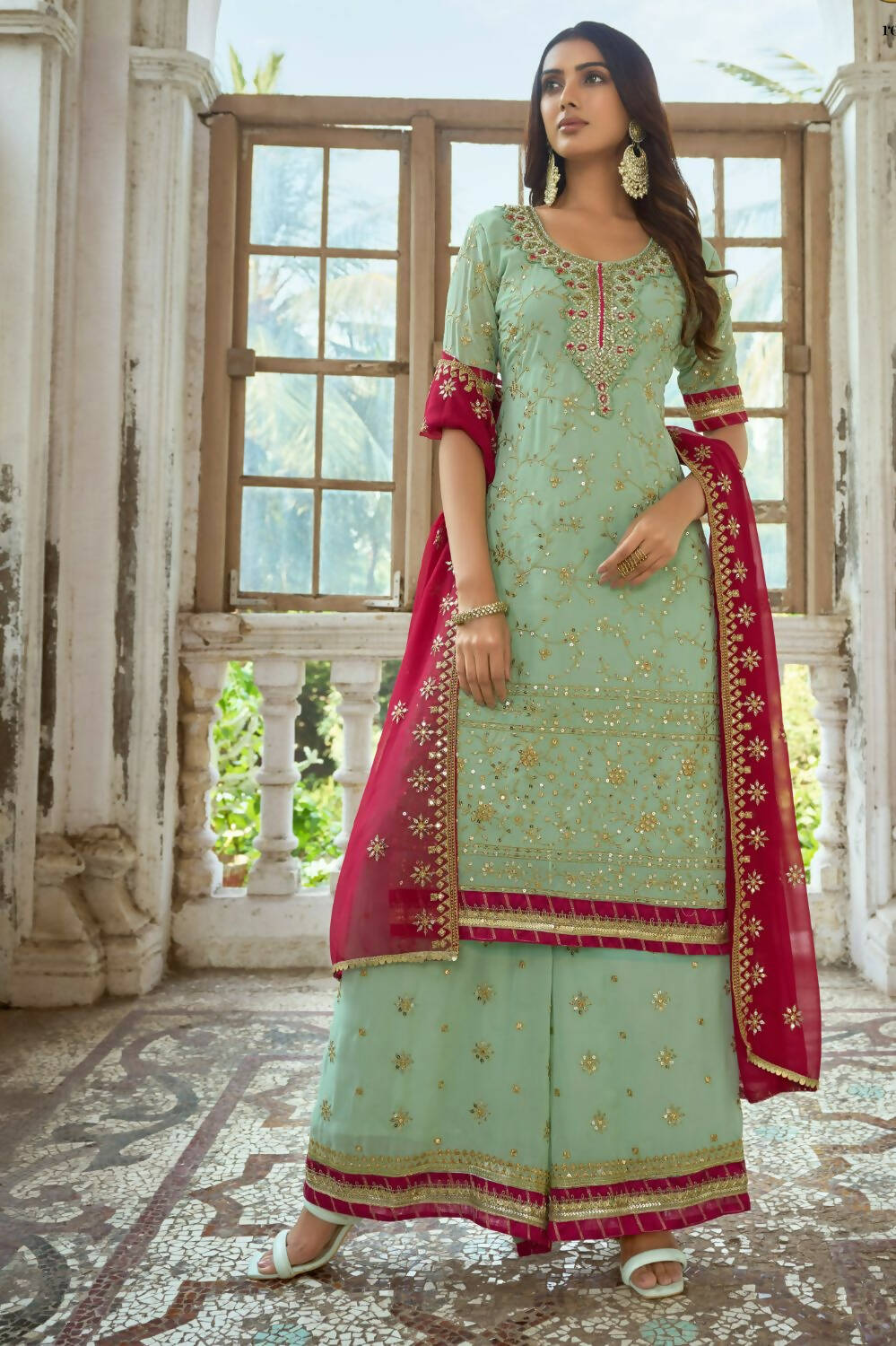 Sea Green Heavy Fox Georgette Embroidered Semi Stitched Suit - Dhvani - Distacart