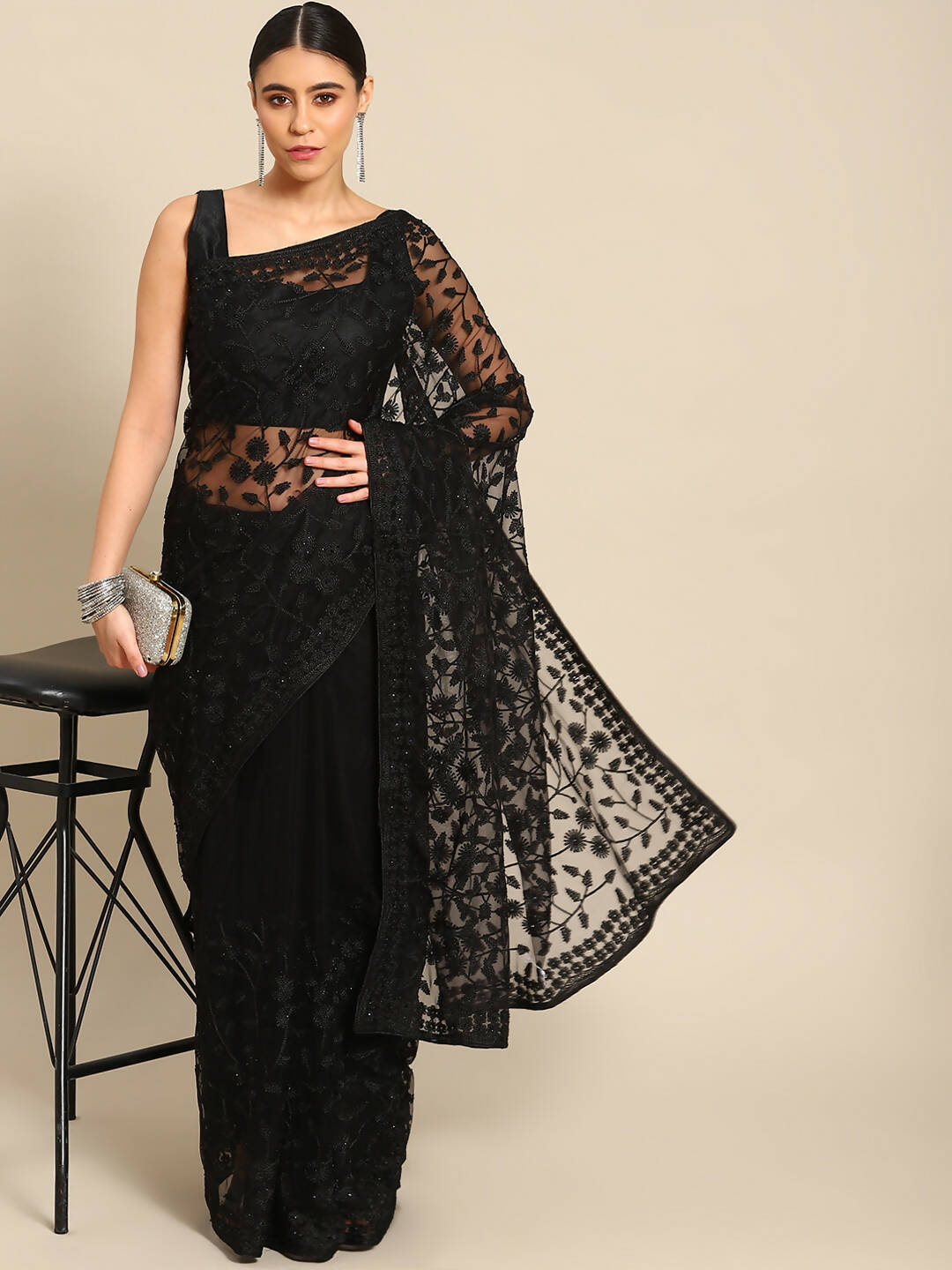 Black Woven Design Net Saree with Blouse Piece - Kalamkari - Distacart