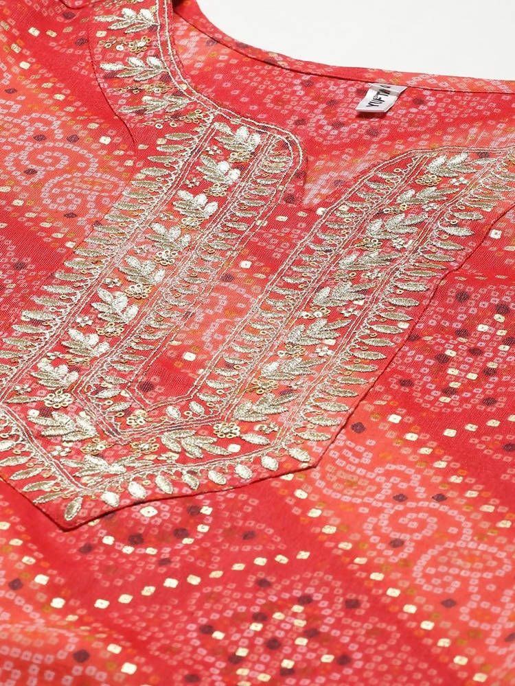 Yufta Women Red Bandhani Printed Regular Gotta Patti Kurta with Palazzo & With Dupatta