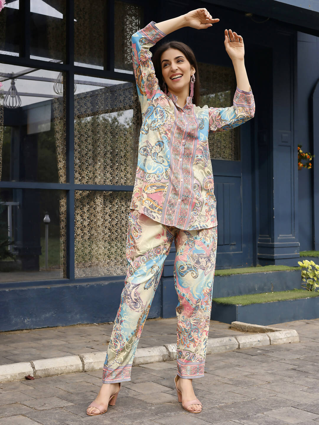 Beige & Pink Rayon Paisley Printed Top with Matching Bottom - Eesha - Distacart