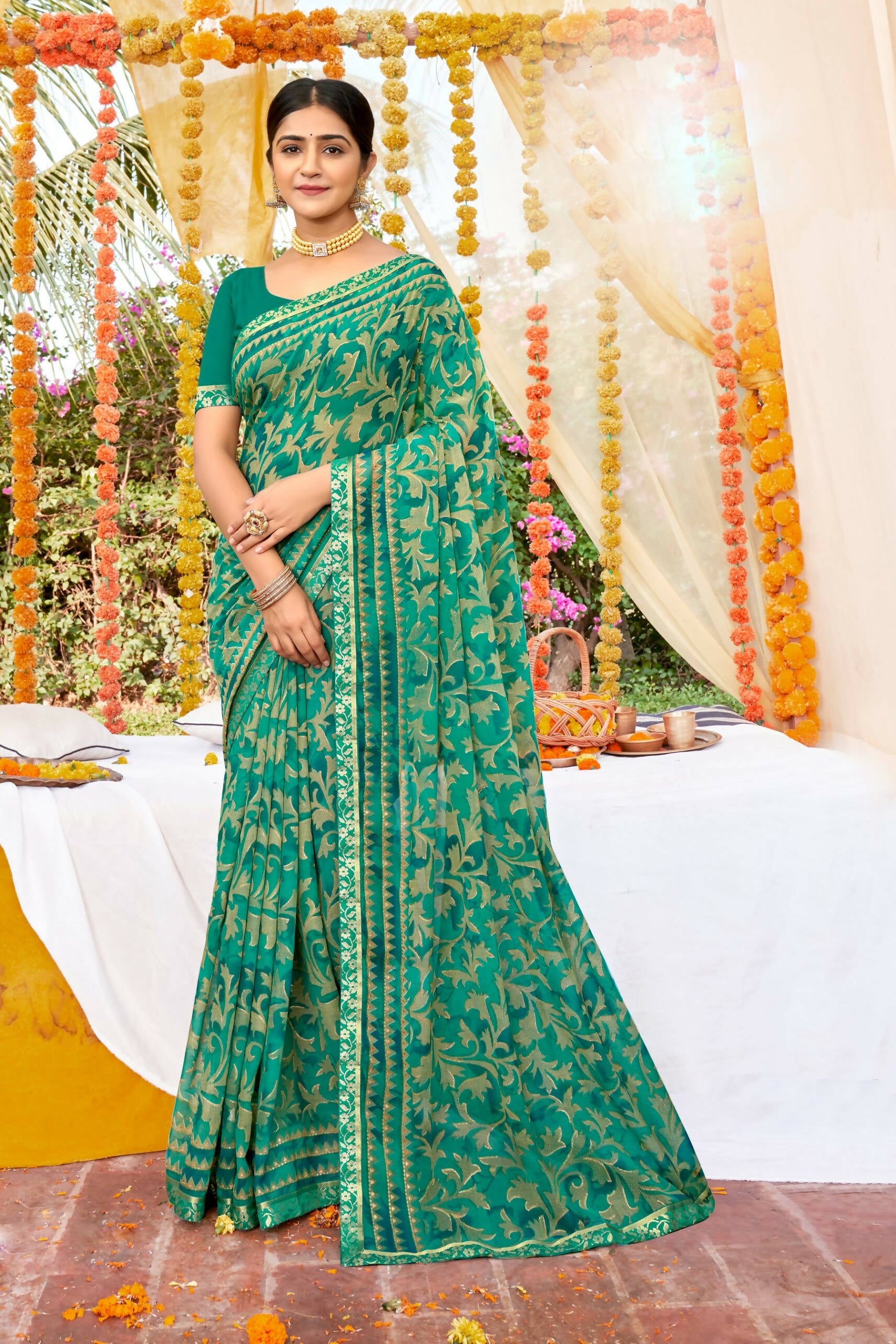 Sea Green Georgette Foil Printed Saree with Unstitched Blouse piece - Avika - Distacart
