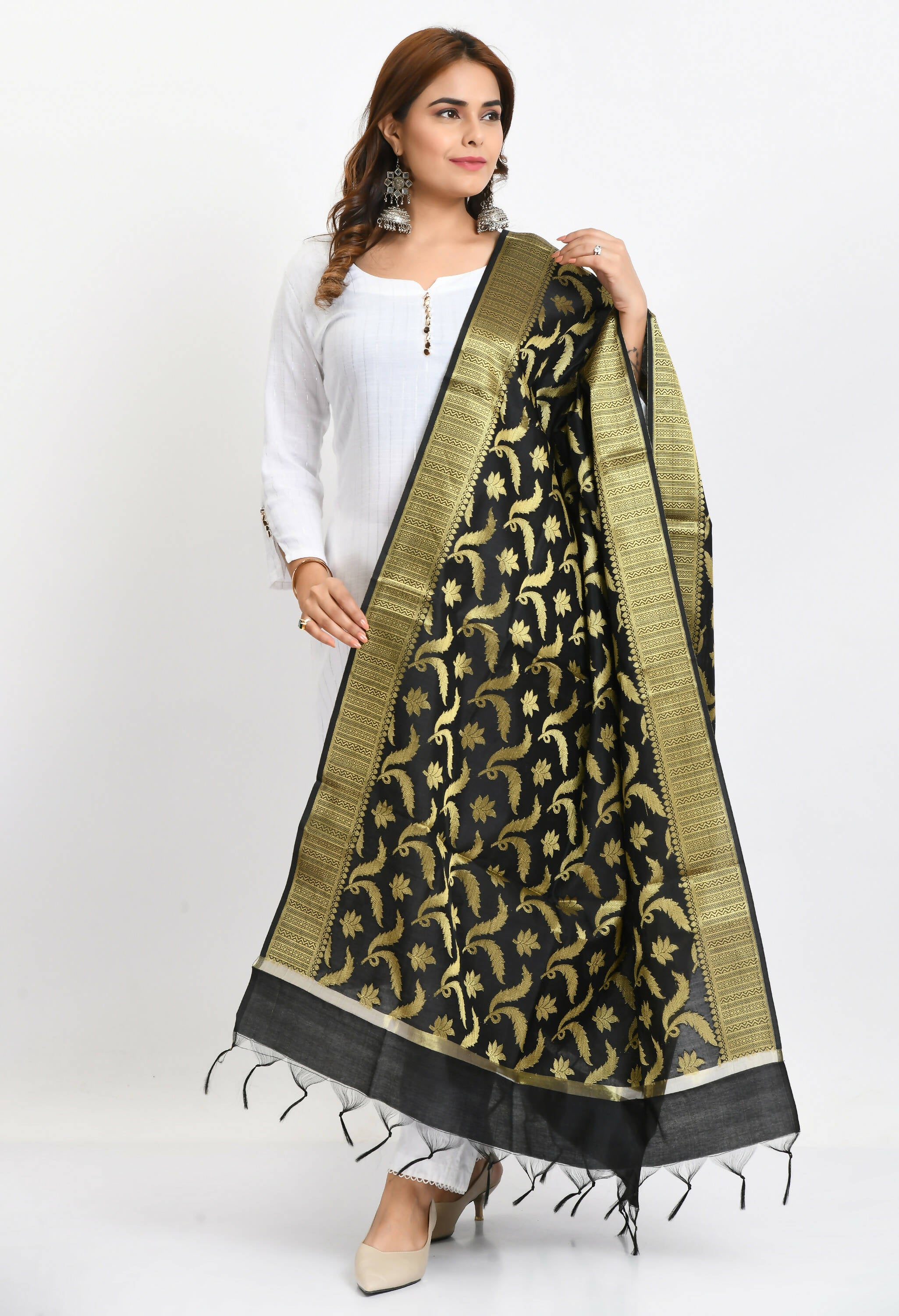 Mominos Fashion Moeza Women's Banarsi Silk Floral Woven Design Black Dupatta - Distacart