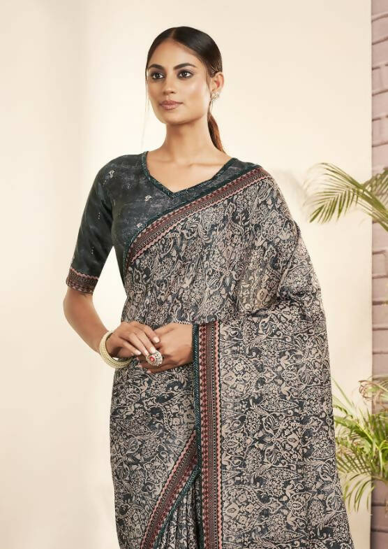 Grey Gajji Silk Paisley Print with Hand work Border Saree - Norita Nirvi - Distacart