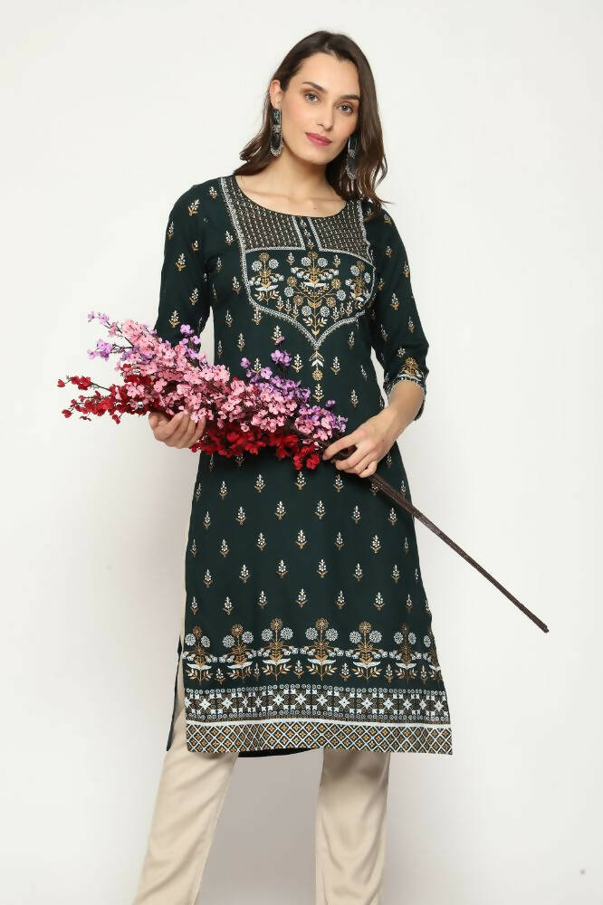Maai Rayon Hand Printed Kurta Green - Distacart