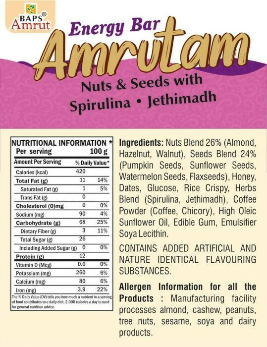 Baps Amrut Energy Bar Amrutam (Nuts & Seeds With Spirulina , Jethimadh) - Distacart