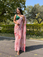Thumbnail for Vamsee Pink Chiffon Designer Saree - Distacart