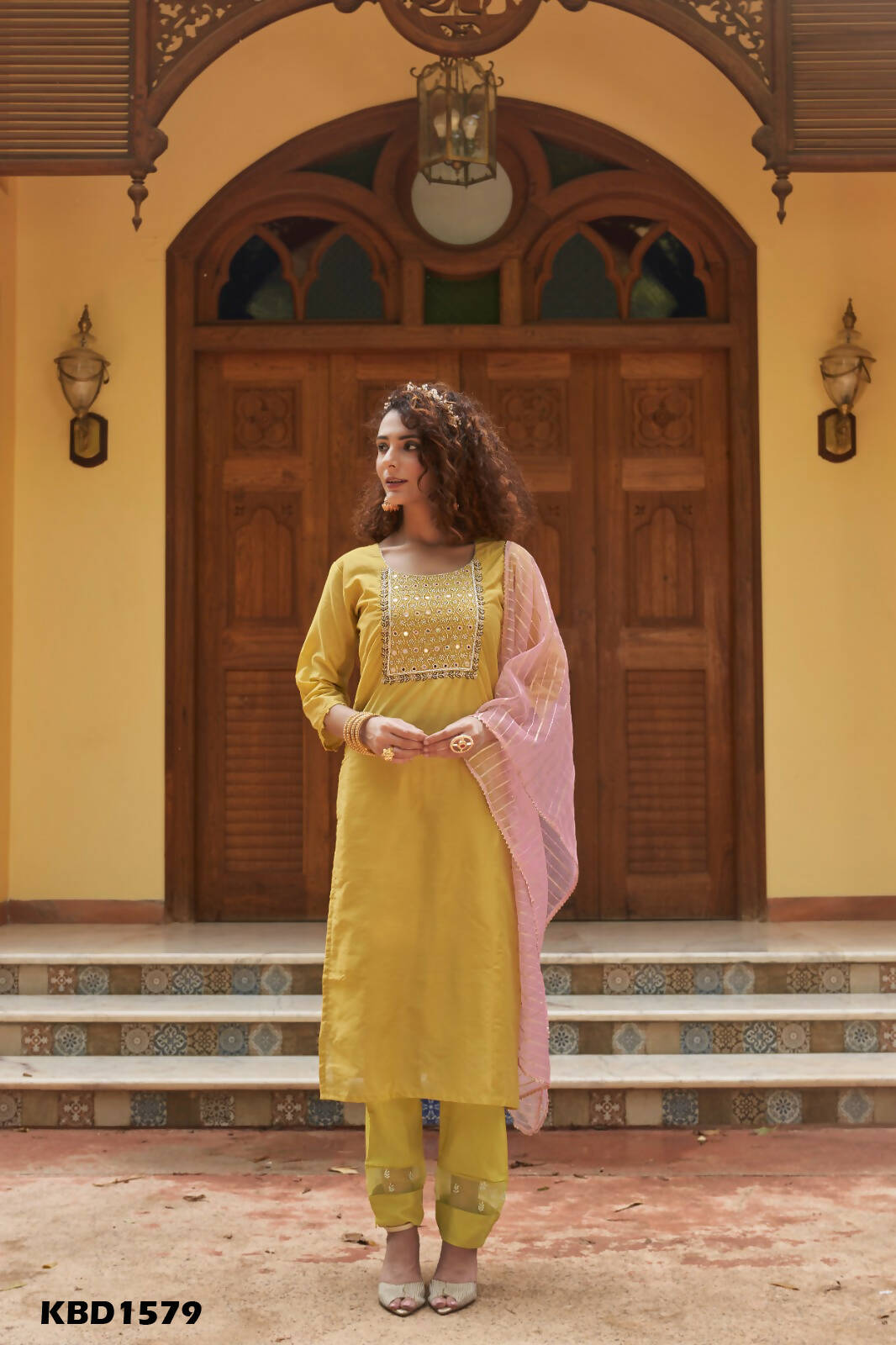 Mustard Chinon Embroidered Kurta and Bottom with Dupatta - Akashara - Distacart
