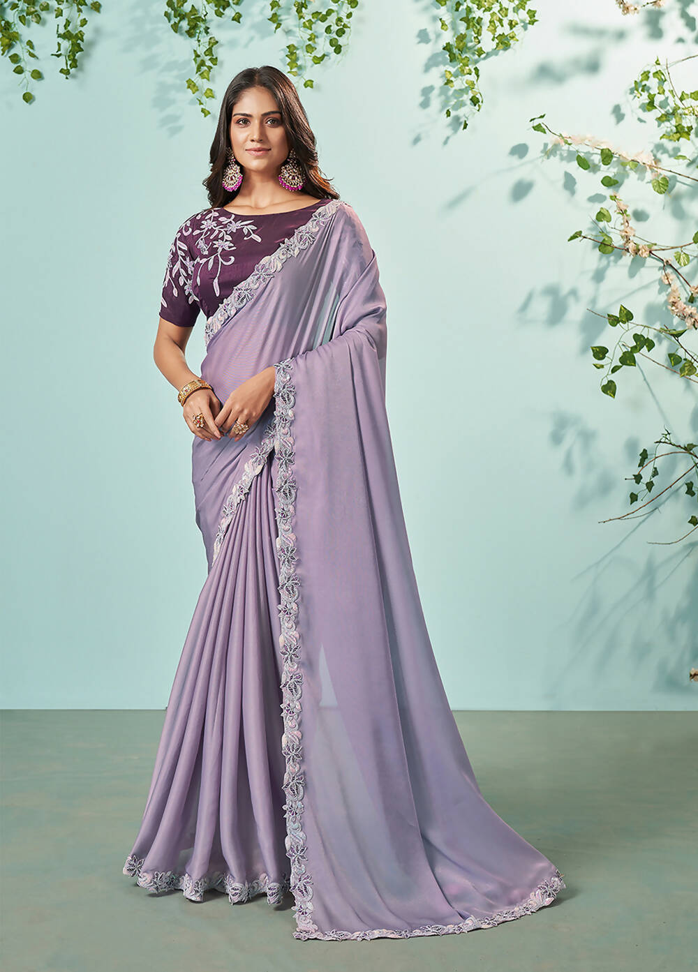 Violet Organza Silk Solid Saree With Unstitched Blouse Piece - Norita Ikshita - Distacart